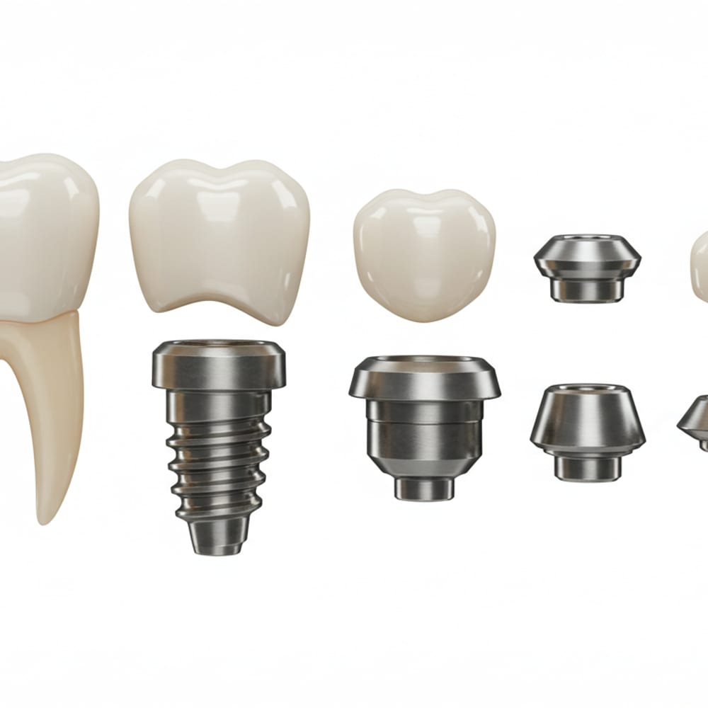 Dental implant post, abutment and crown shown alongside a natural tooth